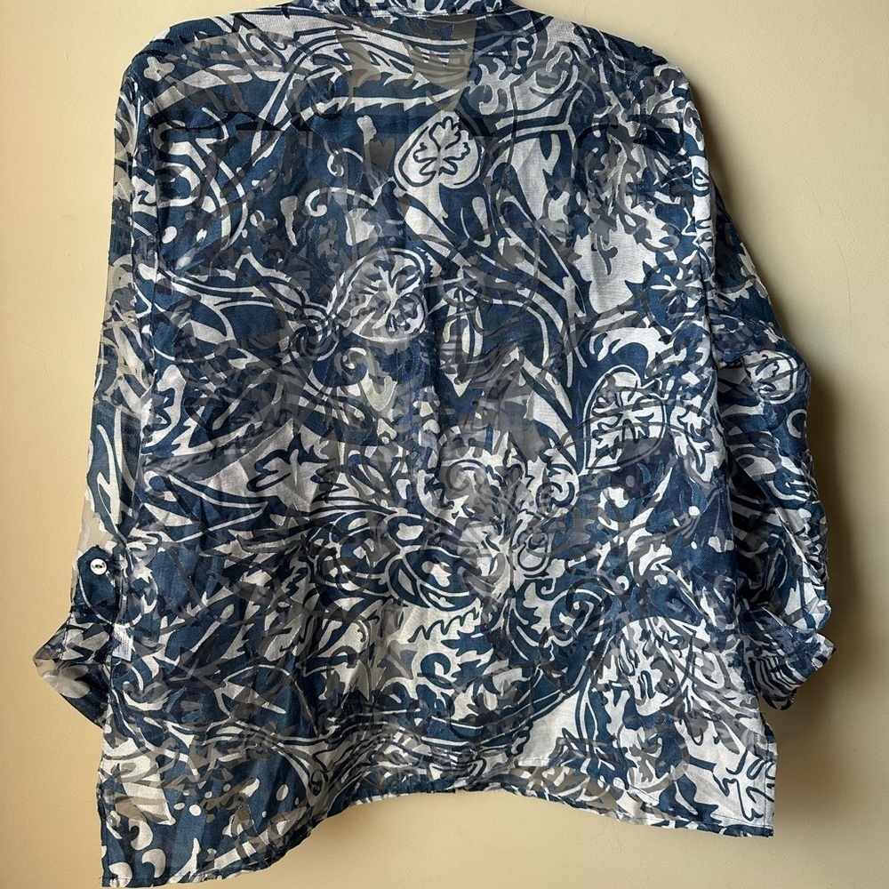 Vintage Choices Women’s Blue White Linen Blend Blouse Size XL - Picture 6 of 8